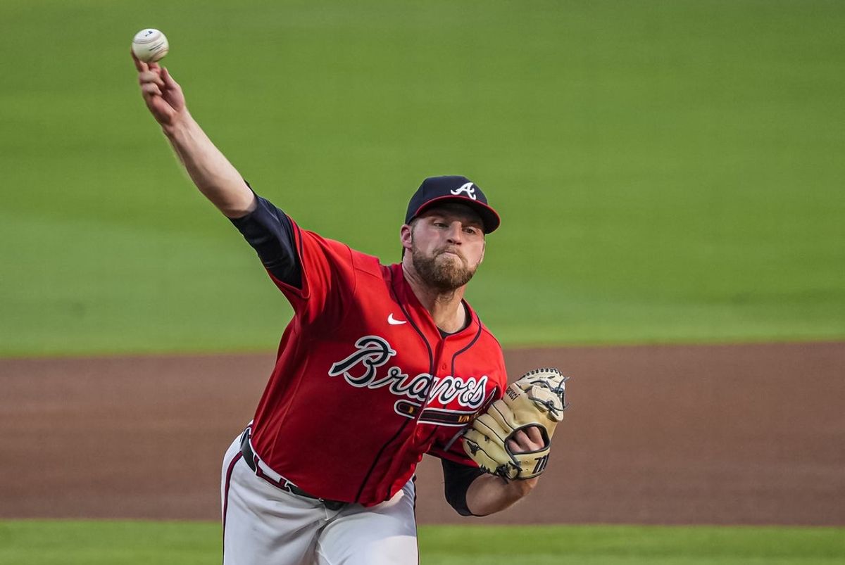 Jul 31, 2026; Cumberland, Georgia, USA; Atlanta Braves pitcher Bryce Elder (55) pitches against the Washington Nationals during the first inning at Truist Park. Mandatory Credit: Dale Zanine-Imagn Images