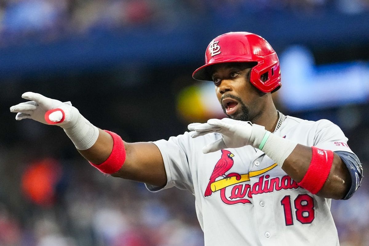 Jul 31, 2026; Toronto, Ontario, CAN; St. Louis Cardinals right fielder Jordan Walker (18) celebrates hitting a single to drive in a run against the Toronto Blue Jays during the fifth inning at Rogers Centre. Mandatory Credit: Kevin Sousa-Imagn Images