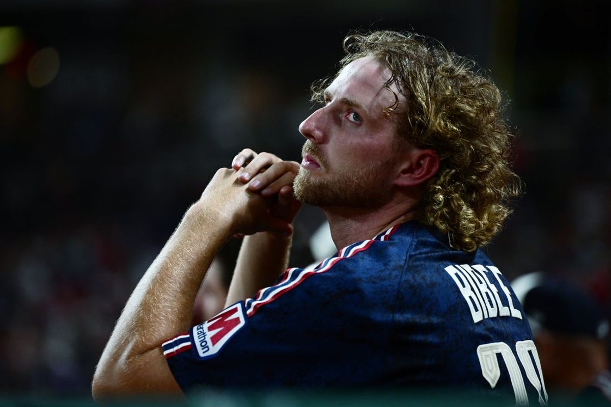 Jul 31, 2026; Cleveland, Ohio, USA; Cleveland Guardians pitcher Tanner Bibee (28) reacts in the dugout during the eighth inning against the Arizona Diamondbacks at Progressive Field. Mandatory Credit: David Dermer-Imagn Images