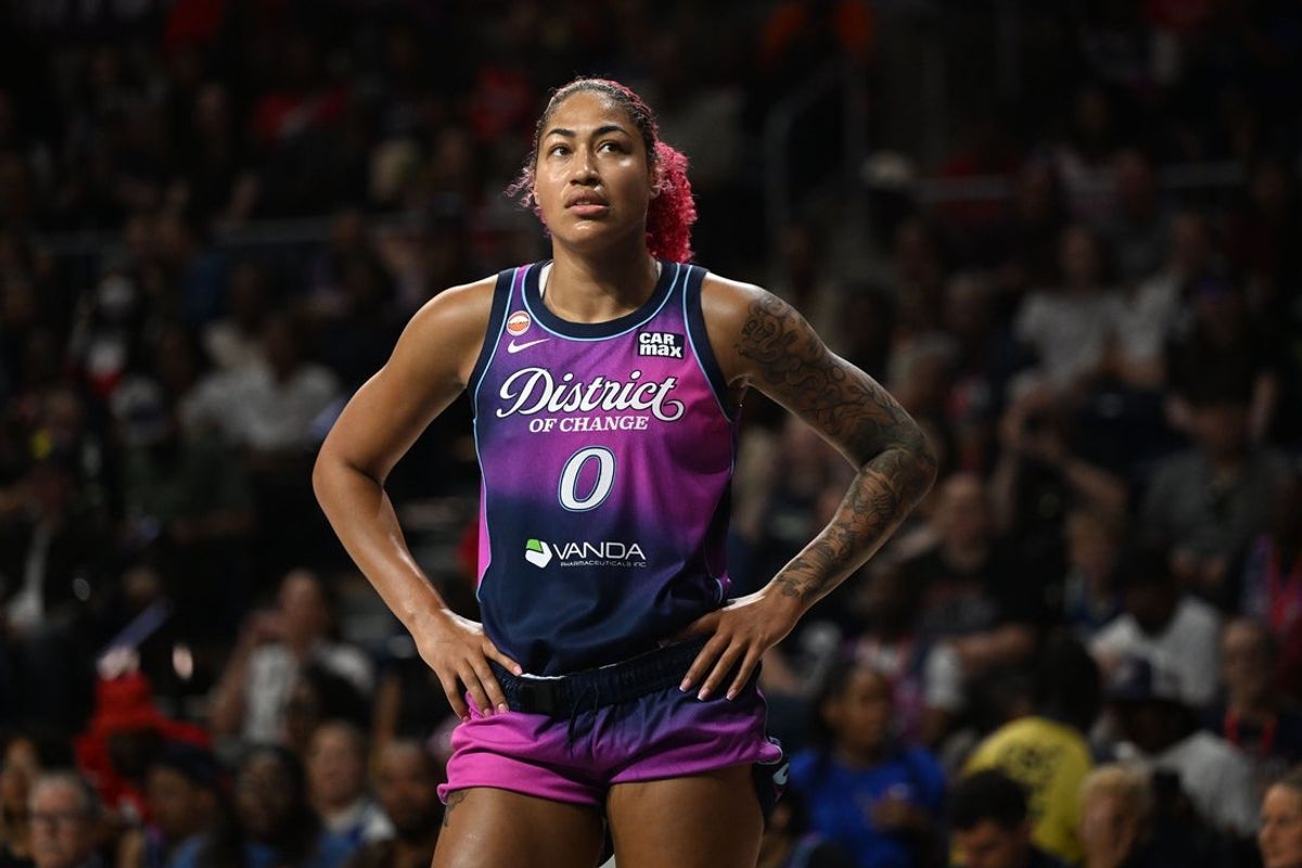 Jul 31, 2026; Washington, District of Columbia, USA; Washington Mystics center Shakira Austin (0) on the court against the Dallas Wings during the first half at CareFirst Arena. Mandatory Credit: Brad Mills-Imagn Images