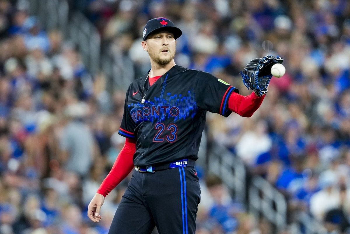 Jul 31, 2026; Toronto, Ontario, CAN;  Toronto Blue Jays pitcher Jeff Hoffman (23) looks on against the St. Louis Cardinals during the eighth inning at Rogers Centre. Mandatory Credit: Kevin Sousa-Imagn Images