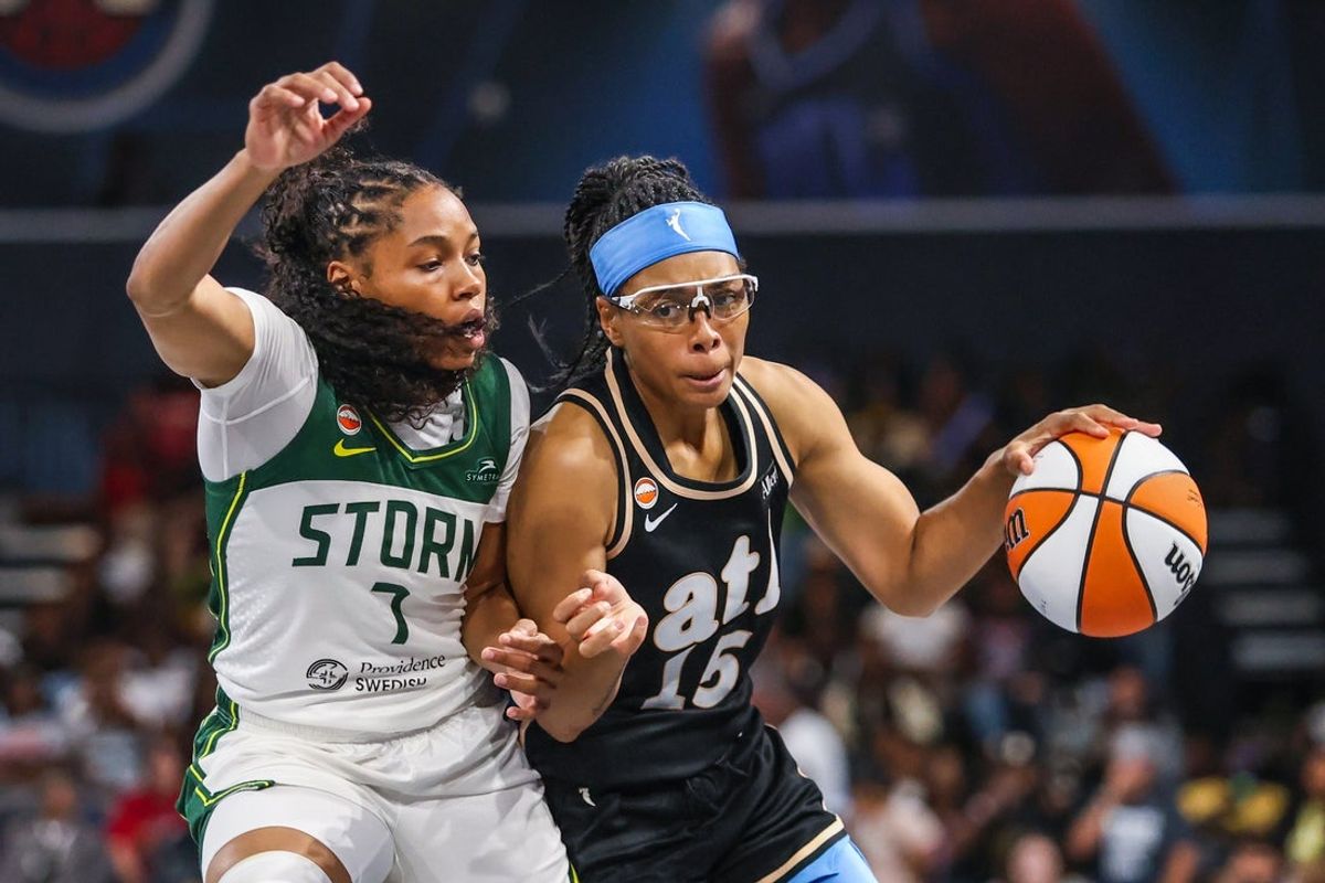 Jul 31, 2026; College Park, Georgia, USA; Atlanta Dream guard Allisha Gray (15) dribbles the ball down the court against Seattle Storm guard Zia Cooke (7) during the third quarter at Gateway Center Arena at College Park. Mandatory Credit: Jordan Godfree-Imagn Images