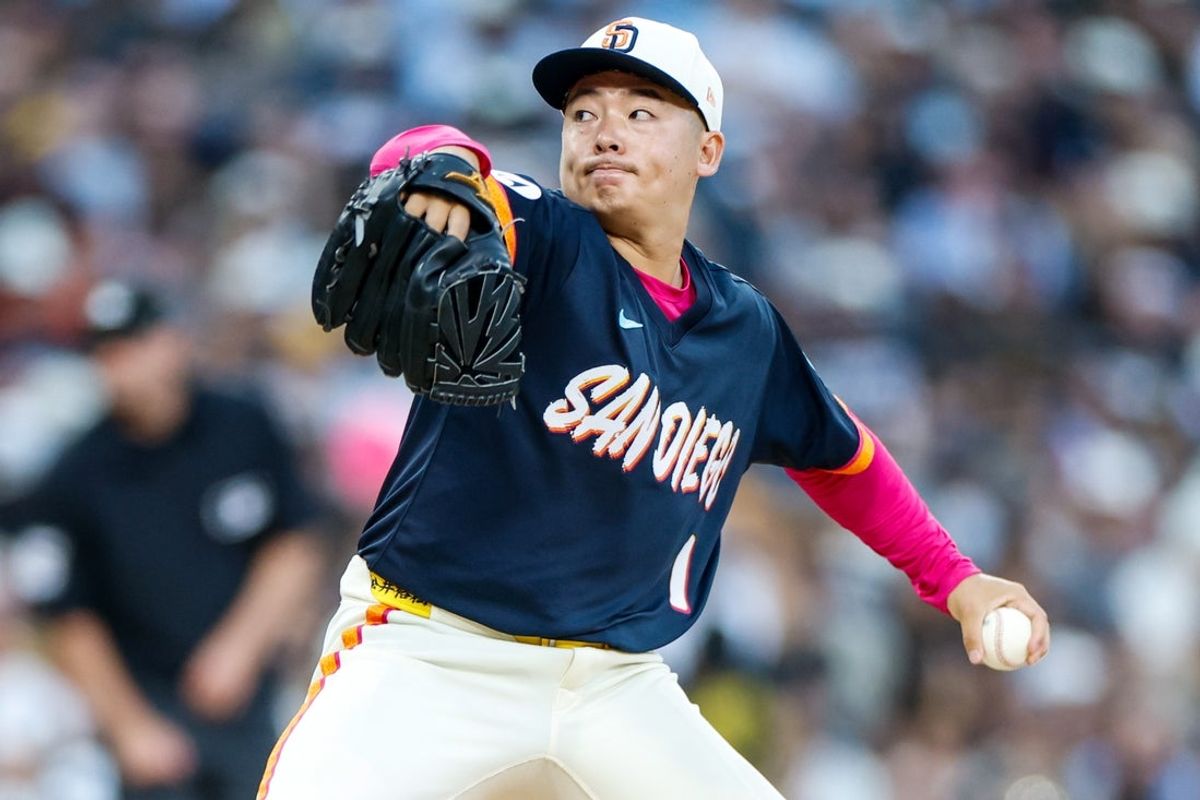 Jul 31, 2026; San Diego, California, USA; San Diego Padres relief pitcher Yuki Matsui (1) throws a pitch during the third inning against the San Francisco Giants at Petco Park. Mandatory Credit: David Frerker-Imagn Images
