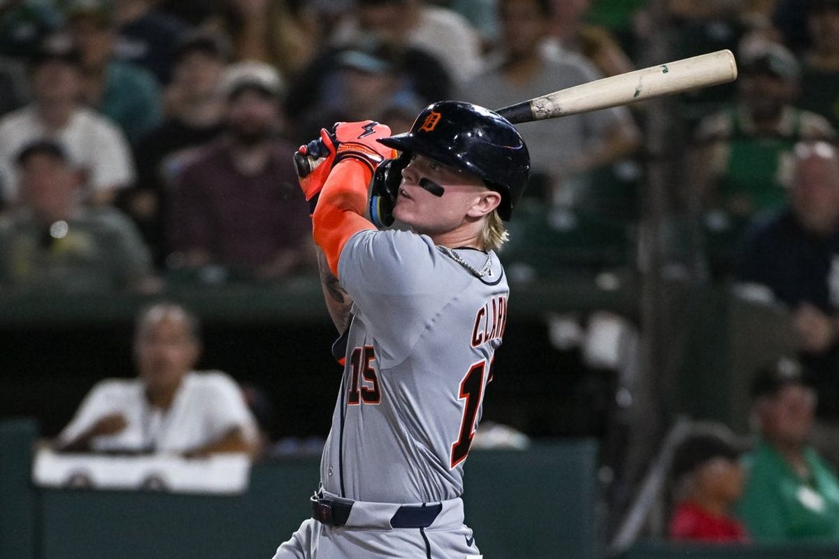 Jul 31, 2026; West Sacramento, California, USA; Detroit Tigers center fielder Max Clark (15) hits a double against the Athletics deighth inning at Sutter Health Park. Mandatory Credit: Ed Szczepanski-Imagn Images