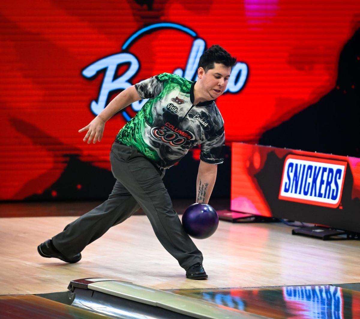 Jakob Butturff bowls in his match against AJ Johnson during the Cheetah Championship finals in the Guaranteed Rate PBA World Series of Bowling XIV on Monday, April 17, 2023, at Bowlero Wauwatosa in Wauwatosa, Wisconsin.