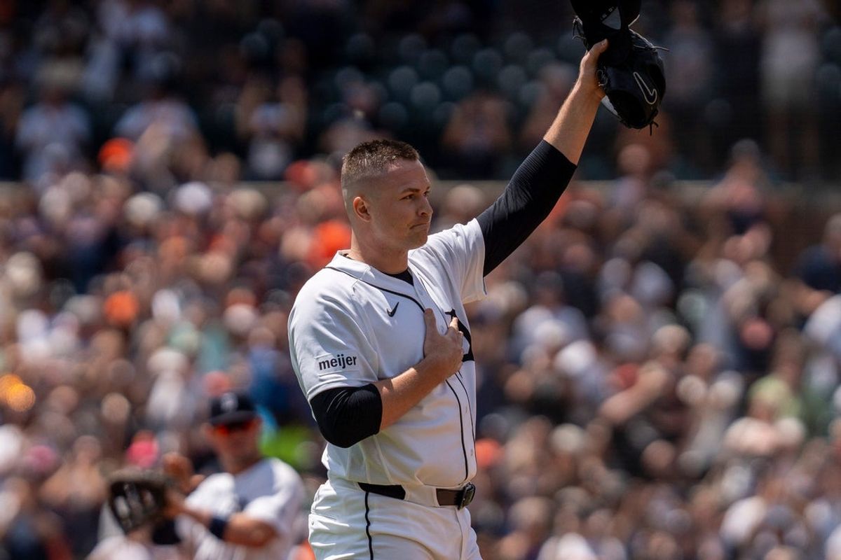 Detroit Tigers starting pitcher Tarik Skubal tips his hat to the fans after delivering his 1,000 strikeout against the Baltimore Orioles during the first inning at Comerica Park in Detroit on Wednesday, July 29, 2026.