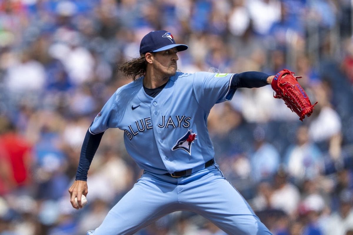 Aug 1, 2026; Toronto, Ontario, CAN; Toronto Blue Jays pitcher Kevin Gausman (34) pitches to the St. Louis Cardinals during the first inning at Rogers Centre. Mandatory Credit: Kevin Sousa-Imagn Images