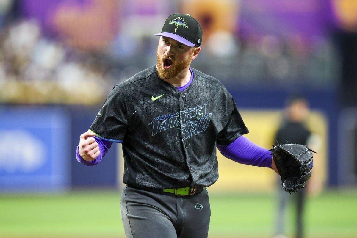 Aug 1, 2026; St. Petersburg, Florida, USA; Tampa Bay Rays starting pitcher Drew Rasmussen (57) reacts after pitching against the Chicago White Sox in the fifth inning at Tropicana Field. Mandatory Credit: Nathan Ray Seebeck-Imagn Images