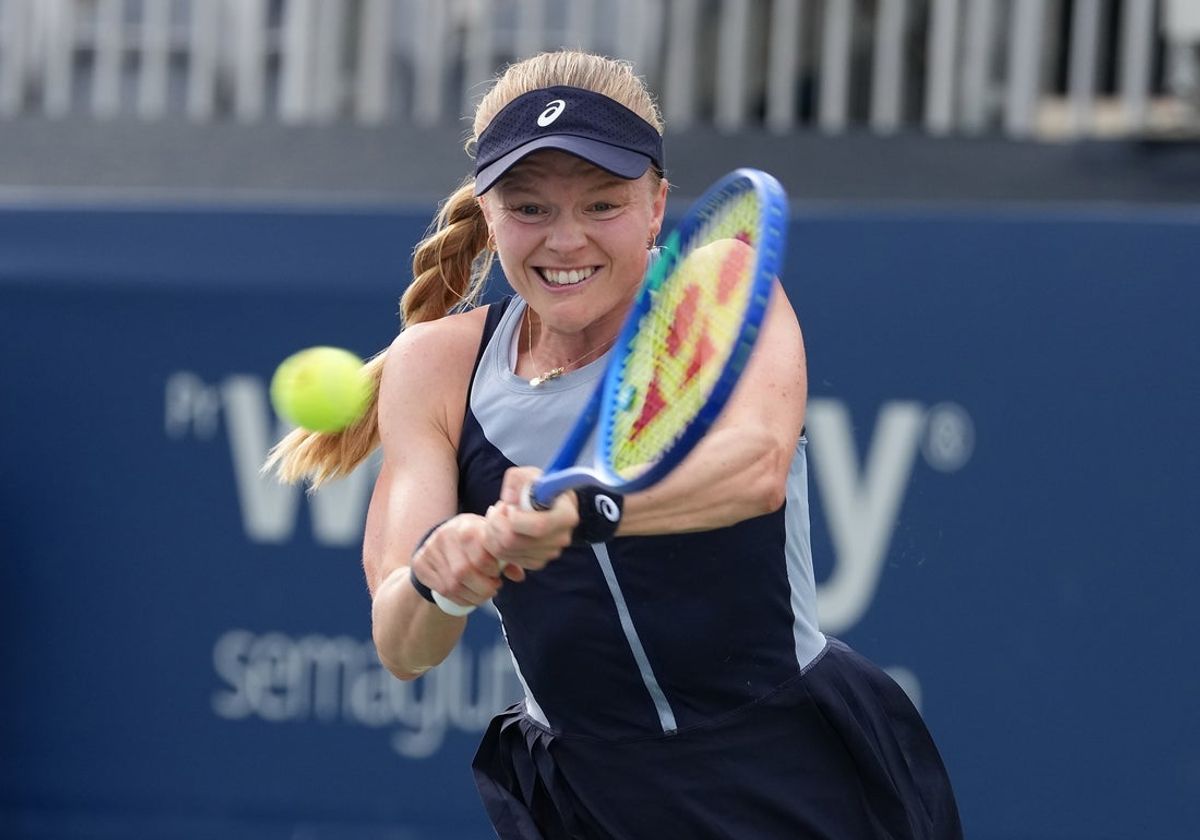 Aug 1, 2026; Toronto, Ontario, CAN; Harriet Dart of Great Britain returns a ball during the qualifying round of the National Bank Open at Sobeys Stadium. Mandatory Credit: Nick Turchiaro-Imagn Images
