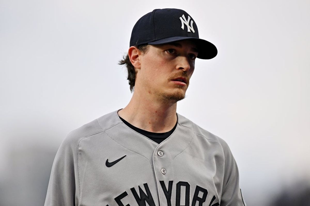 Aug 1, 2026; Chicago, Illinois, USA; New York Yankees pitcher Max Fried (54) looks on before the game against the Chicago Cubs at Wrigley Field. Mandatory Credit: Patrick Gorski-Imagn Images