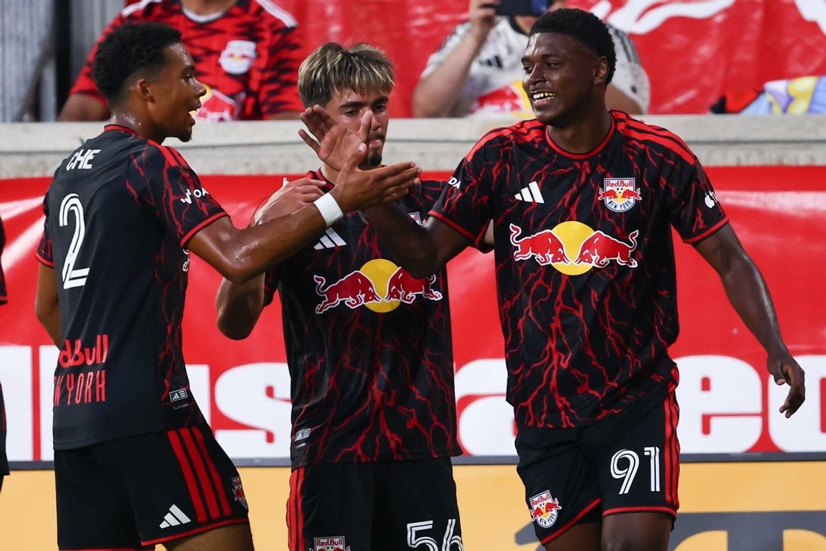 Aug 1, 2026; Harrison, New Jersey, USA; Red Bull New York forward Mijahir Jimenez (91) celebrates his goal with teammates during the first half at Sports Illustrated Stadium. Mandatory Credit: Vincent Carchietta-Imagn Images