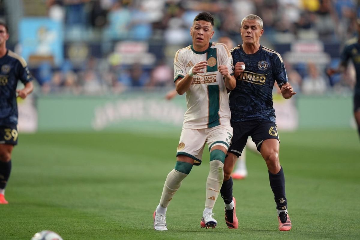 Aug 1, 2026; Chester, Pennsylvania, USA; Atlanta United FC defender Elias Baez (3) collides with Philadelphia Union midfielder Cavan Sullivan (6) in the first half at Subaru Park. Mandatory Credit: Kyle Ross-Imagn Images