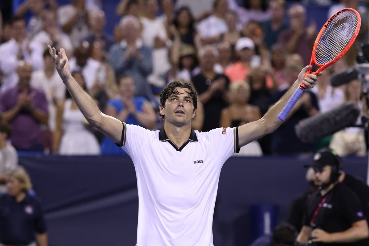 Aug 1, 2026; Washington, D.C., USA; Taylor Fritz (USA) celebrates after his match against Brandon Nakashima (USA) (not pictured) in a men's singles semifinal on day six of the 2026 Mubadala DC Open at Rock Creek Park Tennis Center. Mandatory Credit: Geoff Burke-Imagn Images