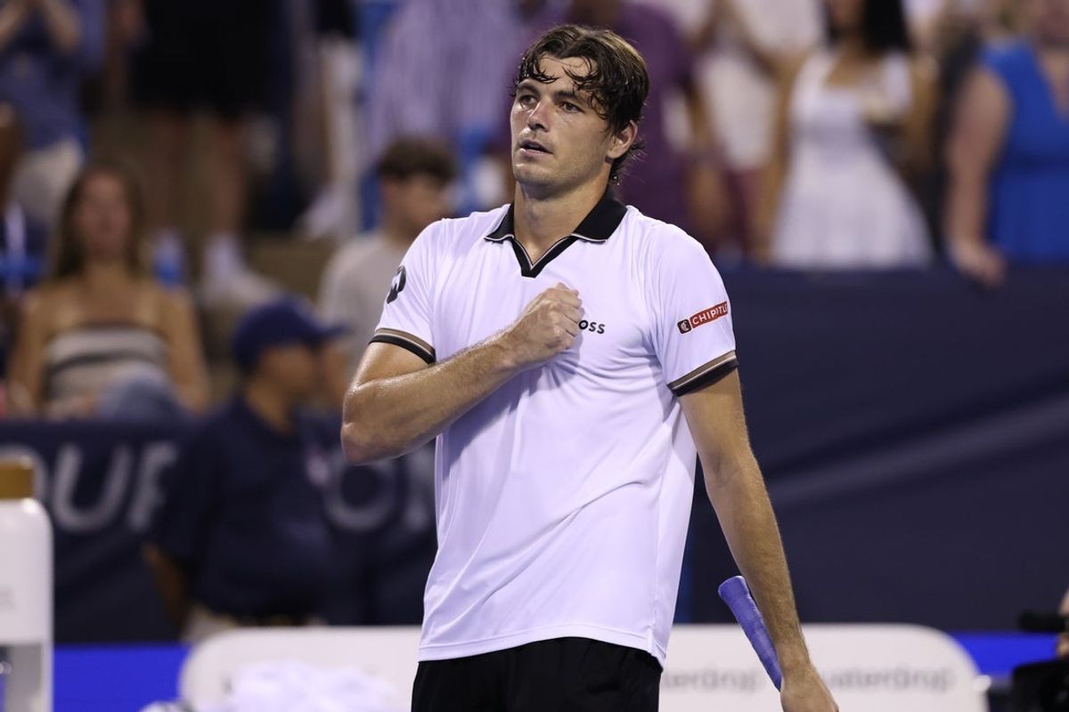 Aug 1, 2026; Washington, D.C., USA; Taylor Fritz (USA) celebrates after his match against Brandon Nakashima (USA) (not pictured) in a men's singles semifinal on day six of the 2026 Mubadala DC Open at Rock Creek Park Tennis Center. Mandatory Credit: Geoff Burke-Imagn Images