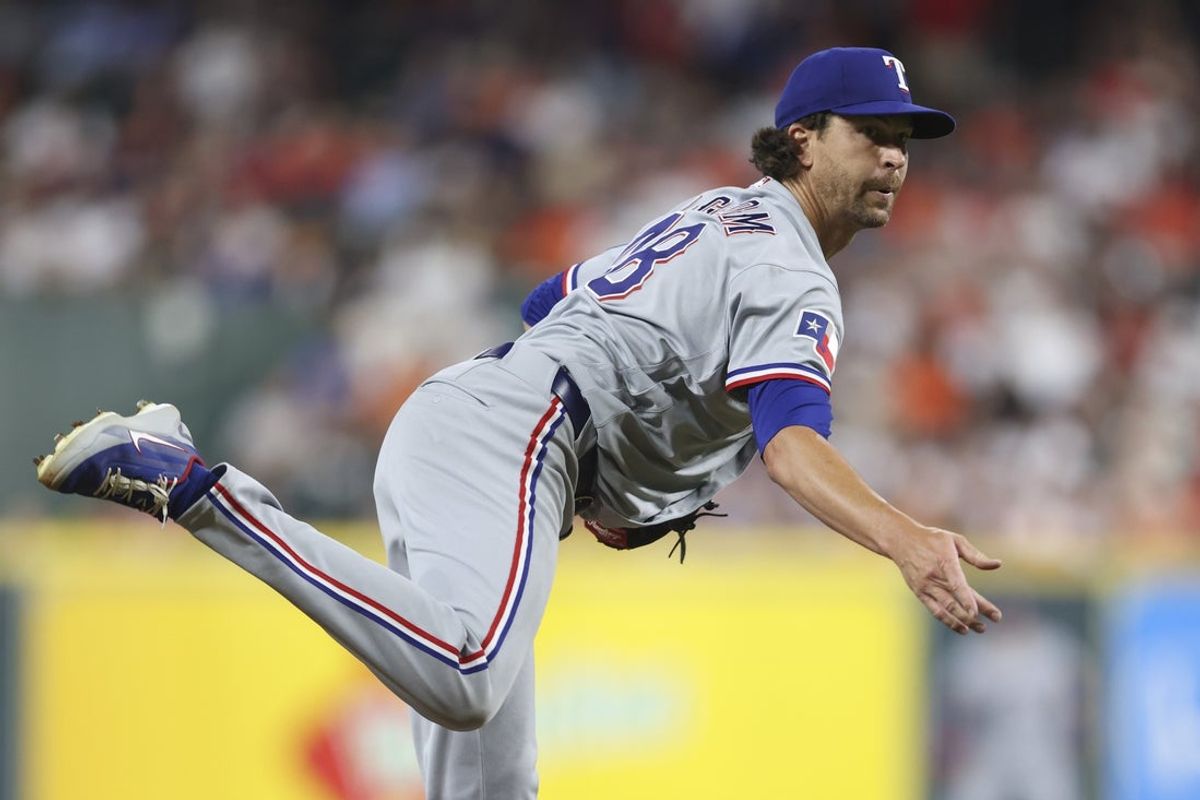 Aug 1, 2026; Houston, Texas, USA; Texas Rangers starting pitcher Jacob Degrom (48) delivers a pitch during the second inning against the Houston Astros at Daikin Park. Mandatory Credit: Troy Taormina-Imagn Images
