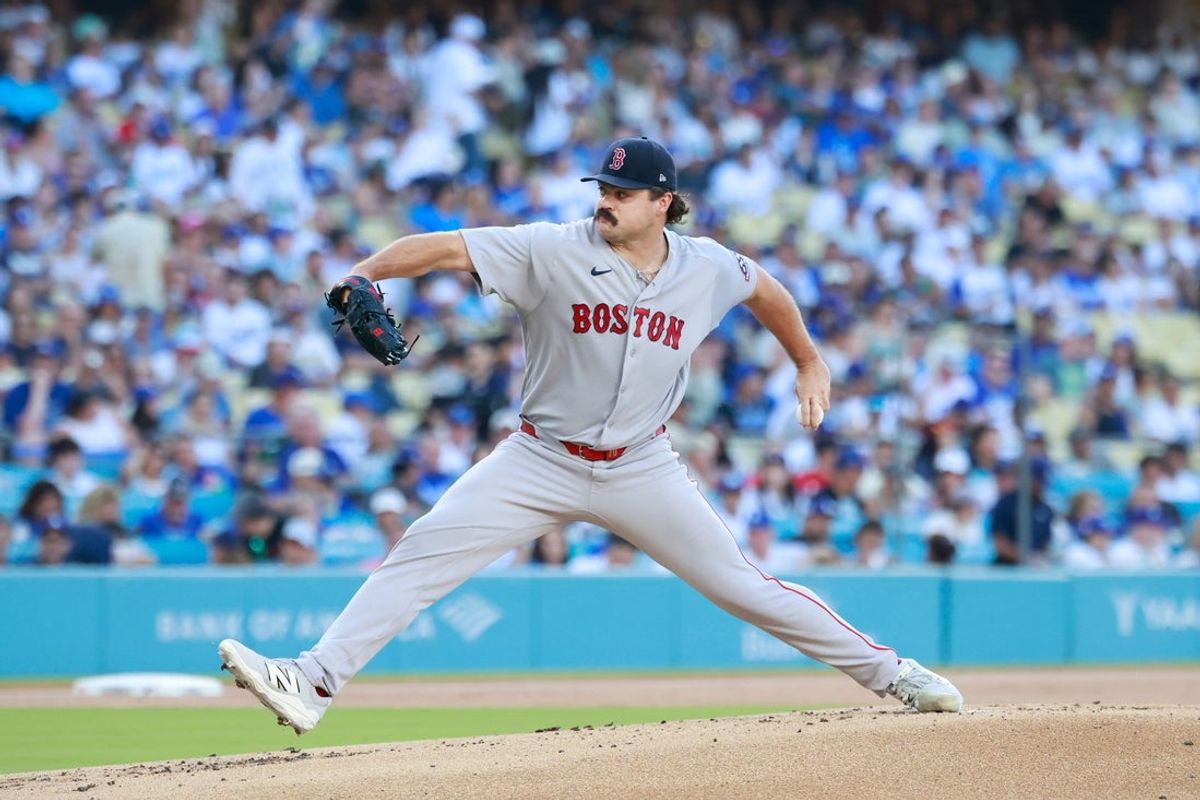 Aug 1, 2026; Los Angeles, California, USA; Boston Red Sox starting pitcher Payton Tolle (70) throws a pitch against the Los Angeles Dodgers during the first inning at Dodger Stadium. Mandatory Credit: William Navarro-Imagn Images