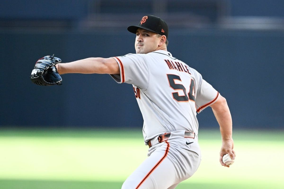 Aug 1, 2026; San Diego, California, USA; San Francisco Giants pitcher Tyler Mahle (54) throws a pitch during the first inning against the San Diego Padres at Petco Park. Mandatory Credit: Denis Poroy-Imagn Images
