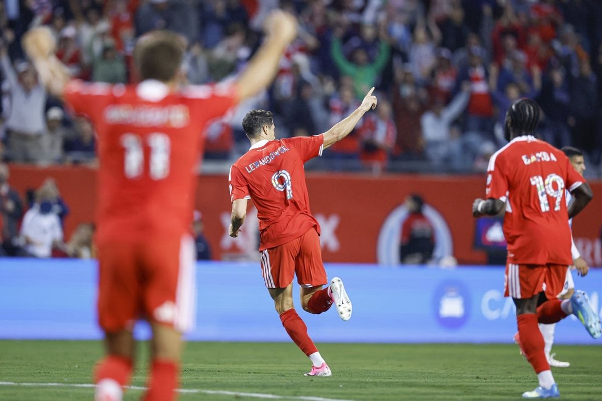 Aug 1, 2026; Chicago, Illinois, USA; Chicago Fire FC forward Robert Lewandowski (9) celebrates after scoring during the first half of a MLS game against the Charlotte FC at Soldier Field. Mandatory Credit: Kamil Krzaczynski-Imagn Images