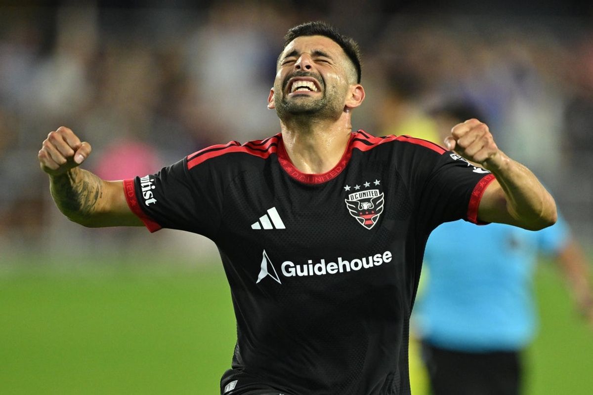 Aug 1, 2026; Washington, District of Columbia, USA;  DC United forward Tai Baribo (9) celebrates after scoring a goal in the second half against Nashville SC at Audi Field. Mandatory Credit: Jamie Sabau-Imagn Images