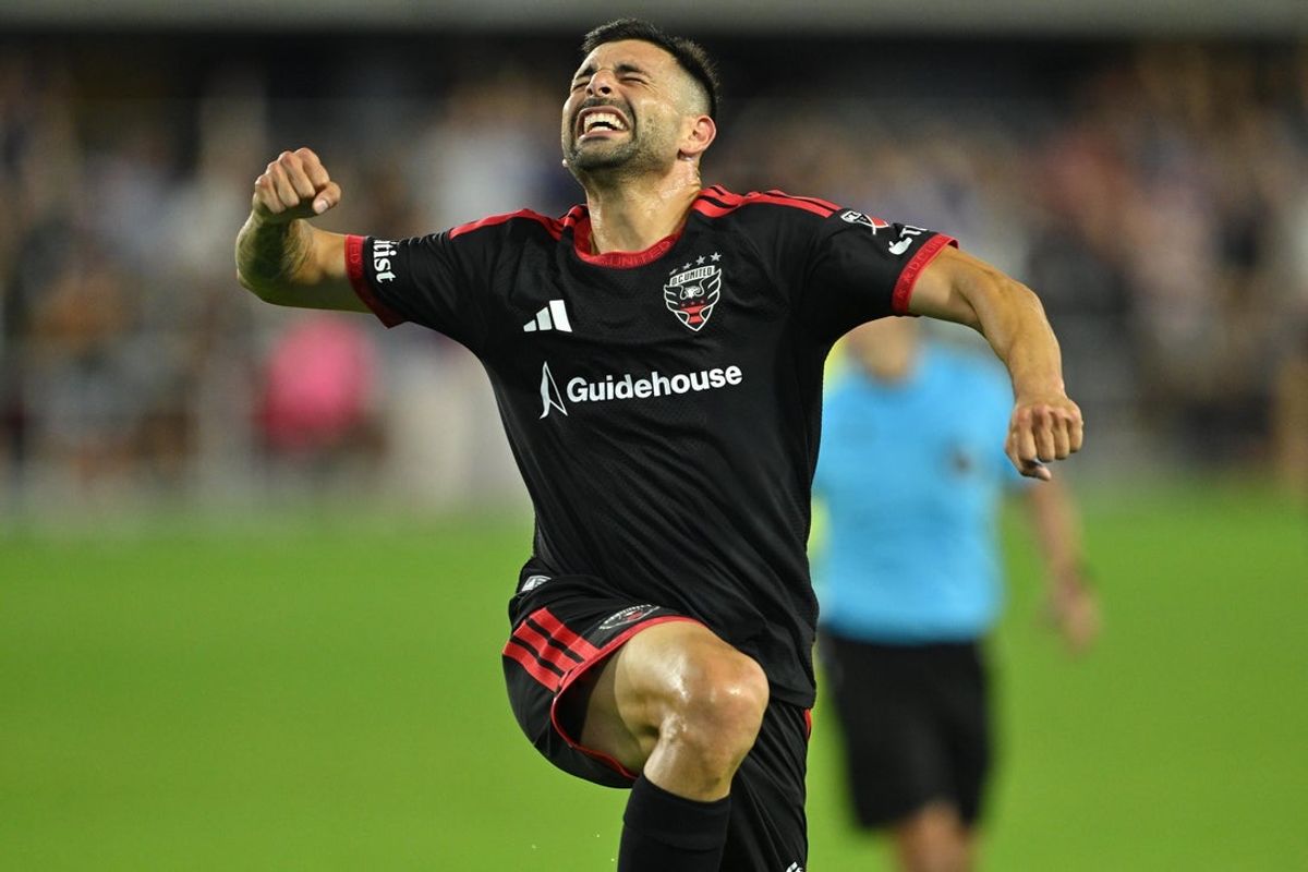 Aug 1, 2026; Washington, District of Columbia, USA;  DC United forward Tai Baribo (9) celebrates after scoring a goal in the second half against Nashville SC at Audi Field. Mandatory Credit: Jamie Sabau-Imagn Images