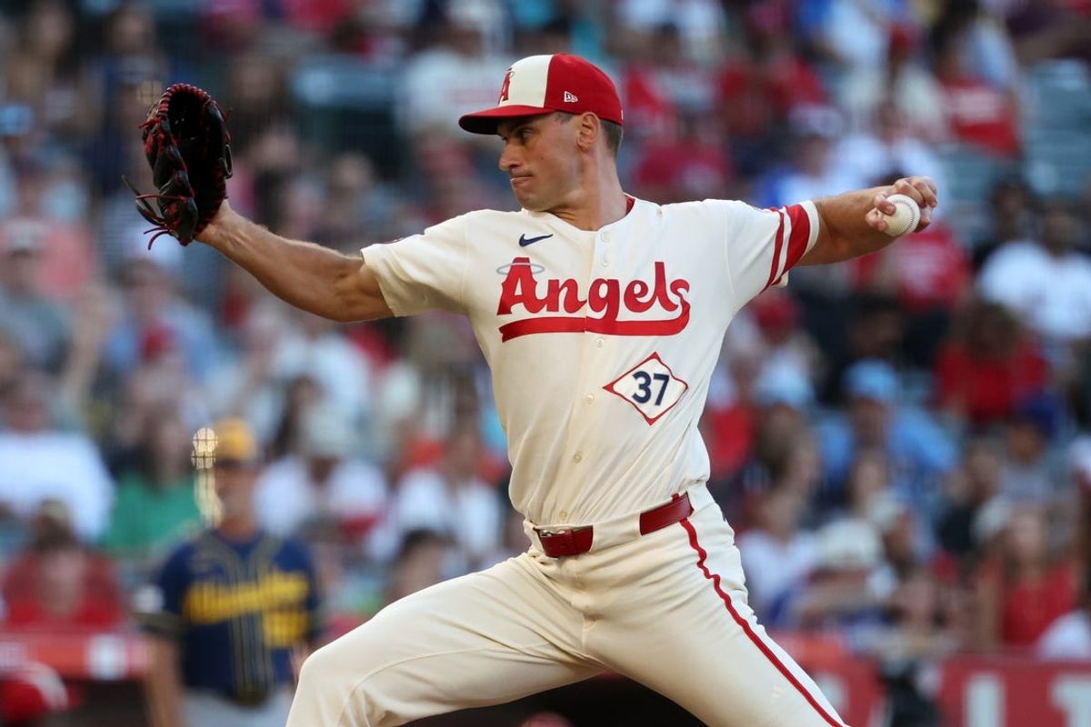 Aug 1, 2026; Anaheim, California, USA;  Los Angeles Angels pitcher Brent Suter (37) pitches during the first inning against the Milwaukee Brewers at Angel Stadium. Mandatory Credit: Kiyoshi Mio-Imagn Images