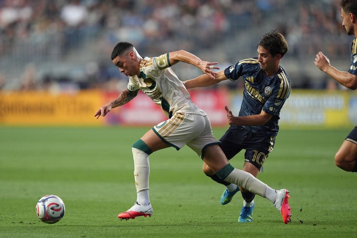 Aug 1, 2026; Chester, Pennsylvania, USA; Atlanta United FC forward Miguel Almiron (10) and Philadelphia Union forward Milan Iloski (10) battle for the ball in the first half at Subaru Park. Mandatory Credit: Kyle Ross-Imagn Images