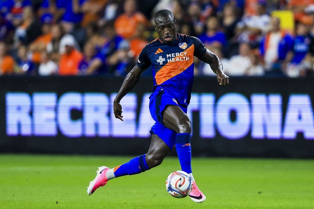 Aug 1, 2026; Cincinnati, Ohio, USA; FC Cincinnati forward Kevin Denkey (9) dribbles against the San Jose Earthquakes in the first half at TQL Stadium. Mandatory Credit: Katie Stratman-Imagn Images