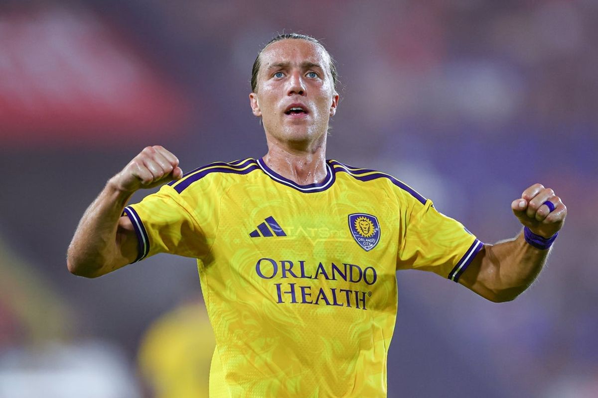 Aug 1, 2026; Harrison, New Jersey, USA; Orlando City SC defender Griffin Dorsey (24) reacts after his goal during the second half against Red Bull New York at Sports Illustrated Stadium. Mandatory Credit: Vincent Carchietta-Imagn Images