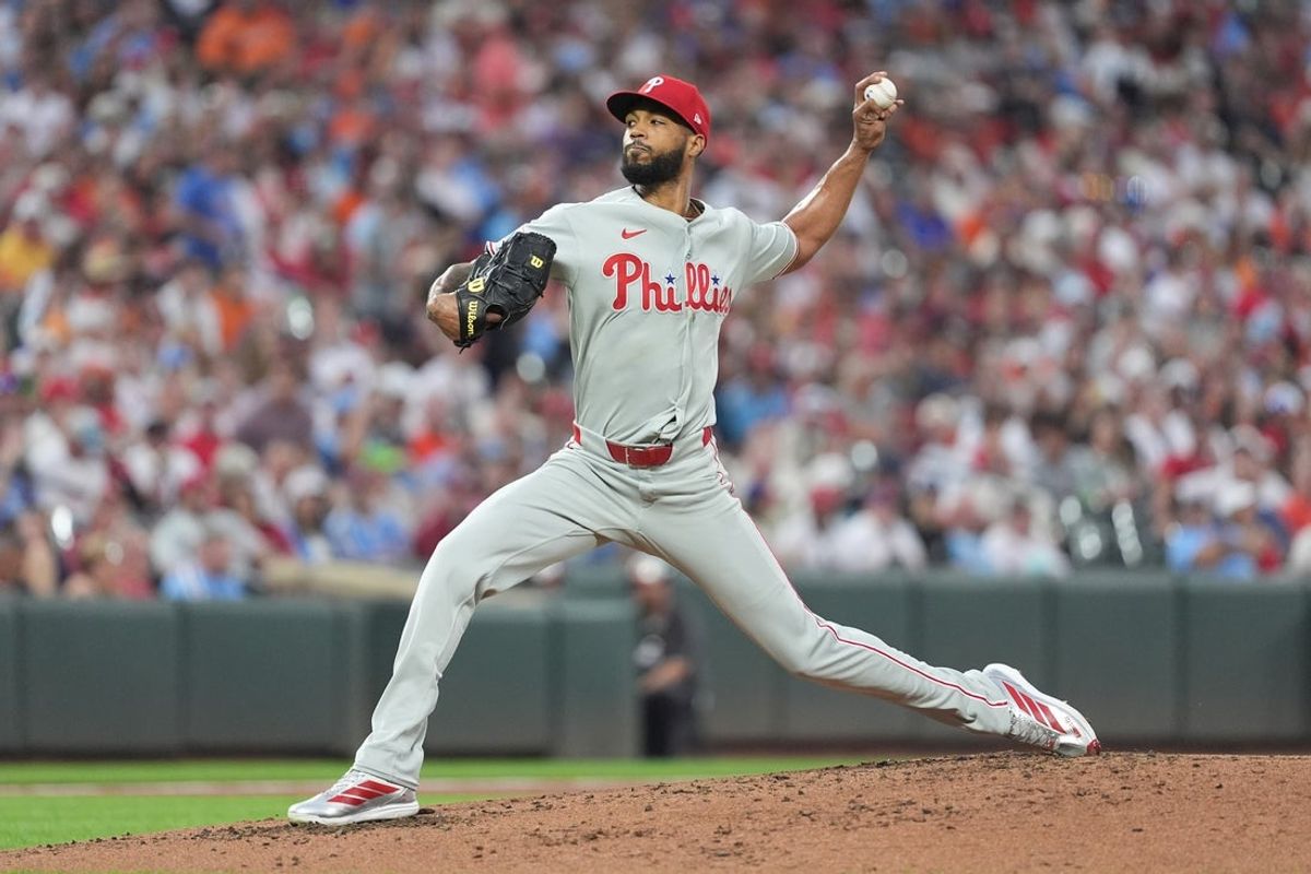 Aug 1, 2026; Baltimore, Maryland, USA; Philadelphia Phillies pitcher Cristopher Sanchez (61) throws a pitch against the Baltimore Orioles during the third inning at Oriole Park at Camden Yards. Mandatory Credit: Gregory Fisher-Imagn Images
