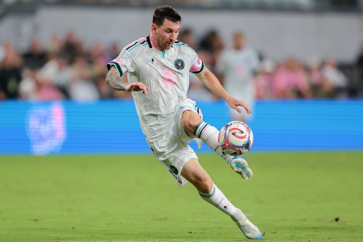 Aug 1, 2026; Miami, Florida, USA; Inter Miami CF forward Lionel Messi (10) dribbles the ball against the Columbus Crew during the second half at Nu Stadium. Mandatory Credit: Sam Navarro-Imagn Images