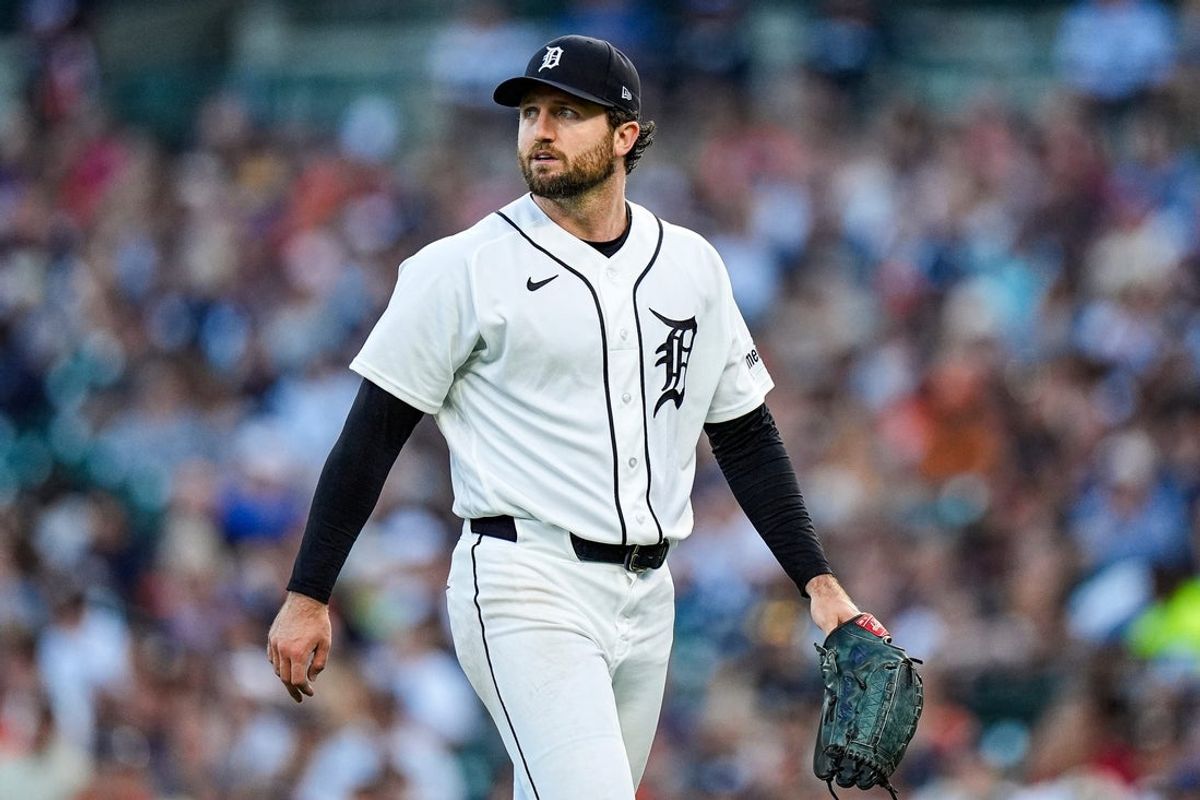 Detroit Tigers pitcher Casey Mize walks off the mound after throwing the fifth inning against the New York Yankees at Comerica Park in Detroit on Tuesday, June 23, 2026.