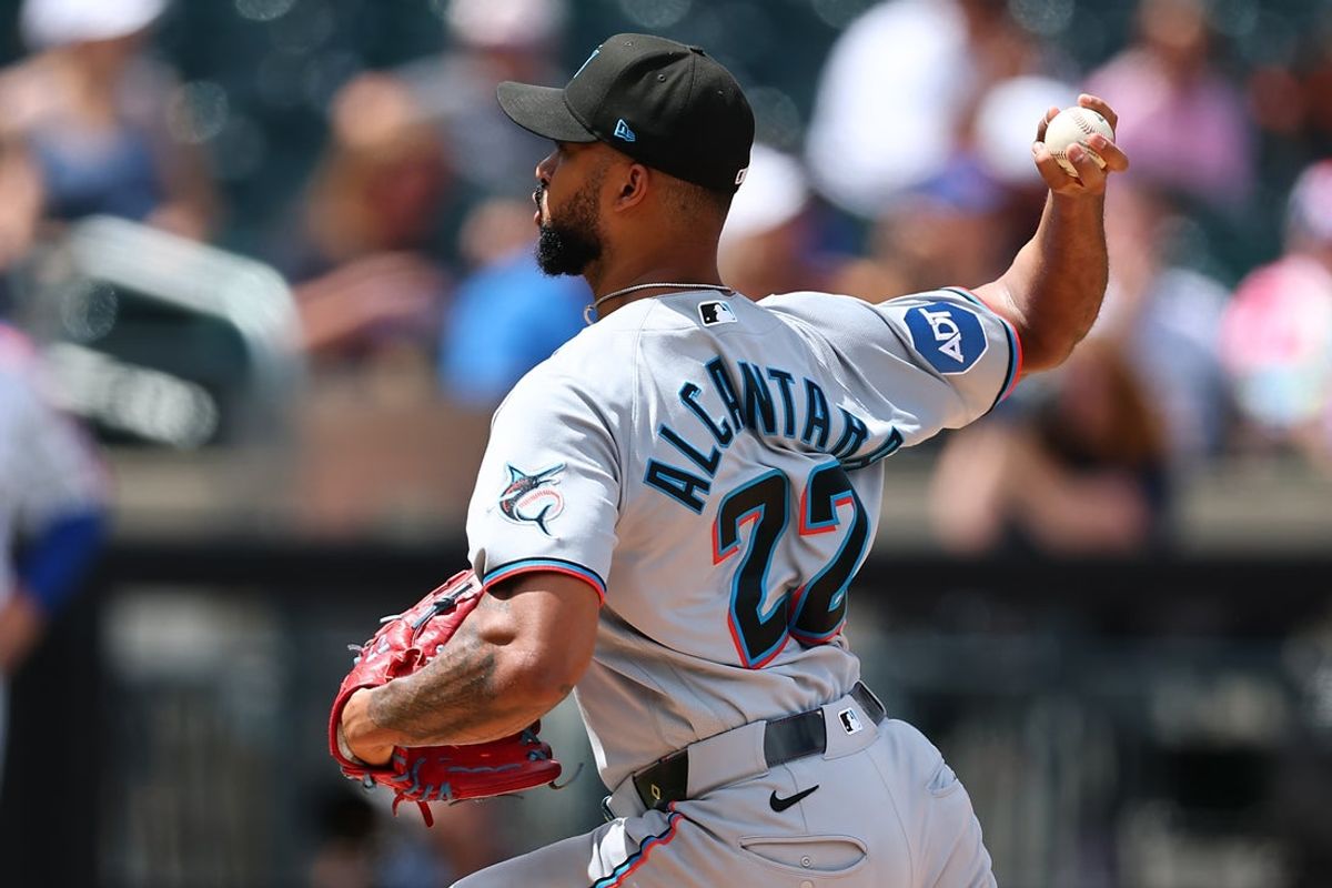 Aug 2, 2026; New York City, New York, USA;  Miami Marlins pitcher Sandy Alcantara (22) delivers a pitch during the first inning against the New York Mets at Citi Field. Mandatory Credit: Vincent Carchietta-Imagn Images