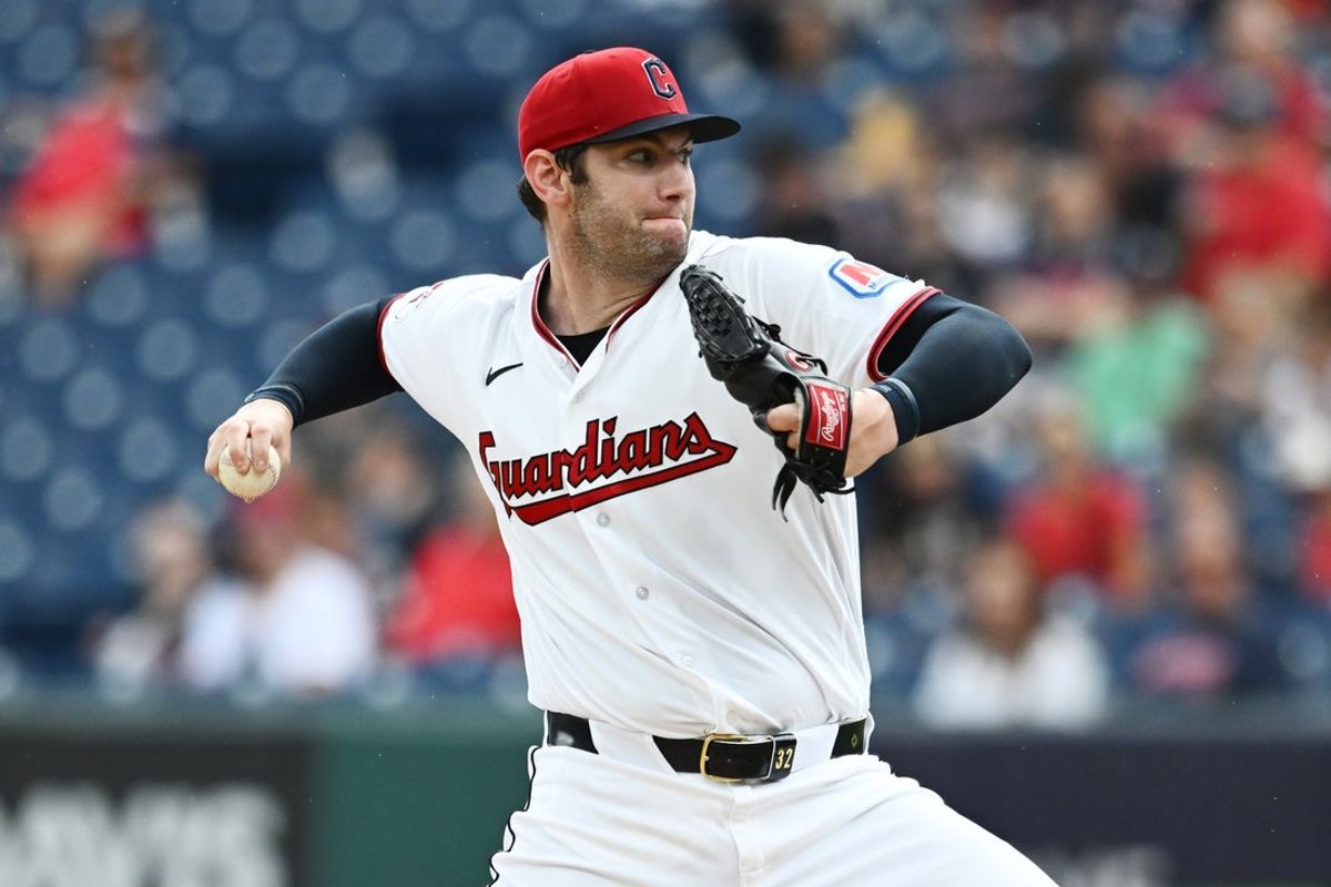 Aug 2, 2026; Cleveland, Ohio, USA; Cleveland Guardians pitcher Gavin Williams (32) throws a pitch during the first inning against the Arizona Diamondbacks at Progressive Field. Mandatory Credit: Ken Blaze-Imagn Images
