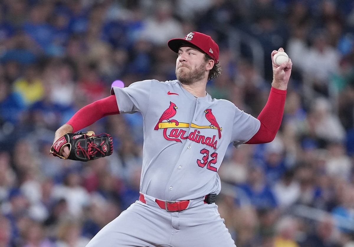 Aug 2, 2026; Toronto, Ontario, CAN; St. Louis Cardinals starting pitcher Matthew Liberatore (32) throws a pitch against the Toronto Blue Jays during the first inning at Rogers Centre. Mandatory Credit: Nick Turchiaro-Imagn Images