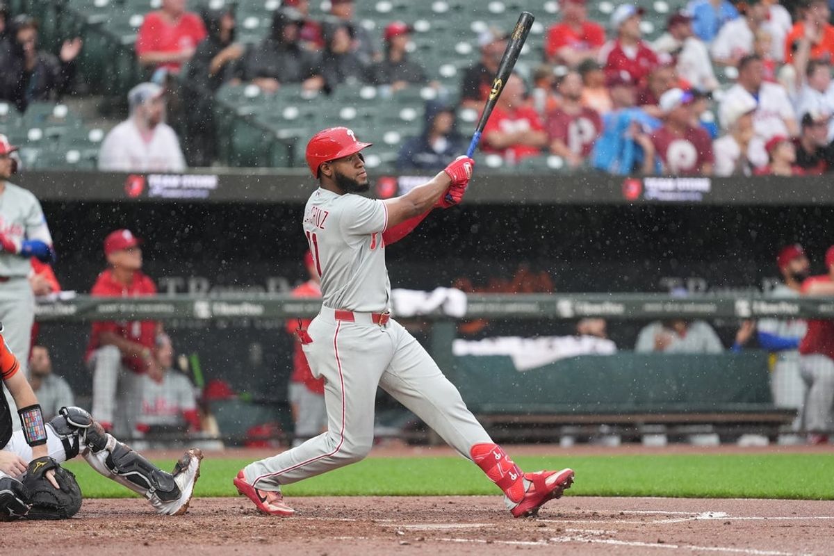 Aug 2, 2026; Baltimore, Maryland, USA; Philadelphia Phillies right fielder Bryan De La Cruz (41) watches his two run home run against the Baltimore Orioles during the third inning at Oriole Park at Camden Yards. Mandatory Credit: Gregory Fisher-Imagn Images