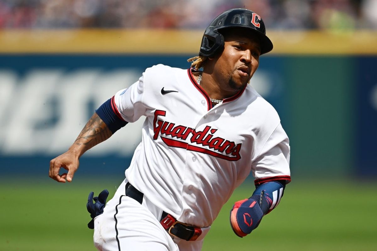 Aug 2, 2026; Cleveland, Ohio, USA; Cleveland Guardians designated hitter Jose Ramirez (11) rounds third base en route to scoring during the fifth inning against the Arizona Diamondbacks at Progressive Field. Mandatory Credit: Ken Blaze-Imagn Images