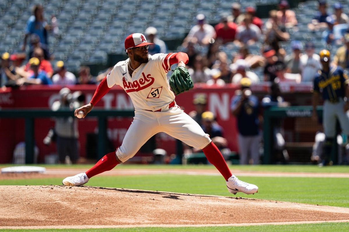 Aug 2, 2026; Anaheim, California, USA; Los Angeles Angels pitcher Walbert Urena (57) throws in the first inning against the Milwaukee Brewers at Angel Stadium. Mandatory Credit: Jon Endow-Imagn Images