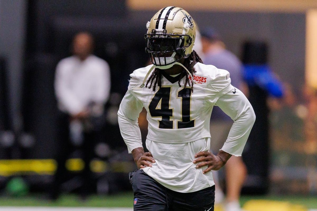 Aug 02, 2026; Metairie, LA, USA;  New Orleans Saints running back Alvin Kamara (41) looks on during training camp at Ochsner Sports Performance Center. Mandatory Credit: Stephen Lew-Imagn Images