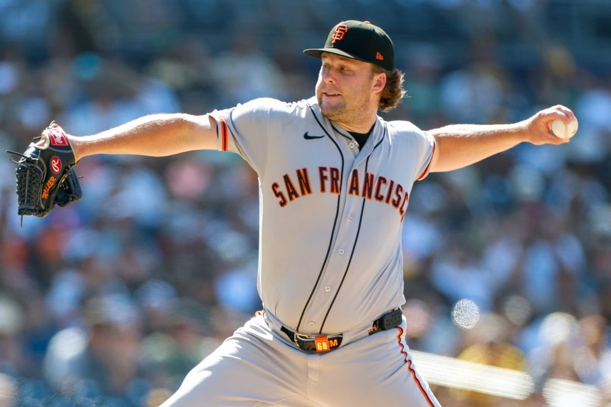 Aug 2, 2026; San Diego, California, USA; San Francisco Giants relief pitcher Erik Miller (68) throws a pitch during the eighth inning against the San Diego Padres at Petco Park. Mandatory Credit: David Frerker-Imagn Images