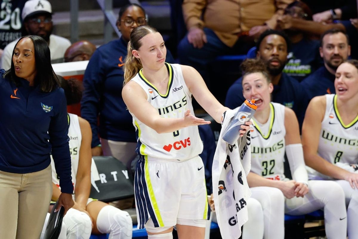 Aug 2, 2026; Arlington, Texas, USA;  Dallas Wings guard Paige Bueckers (5) reacts to a call against the Connecticut Sun during the second half at College Park Center. Mandatory Credit: Chris Jones-Imagn Images