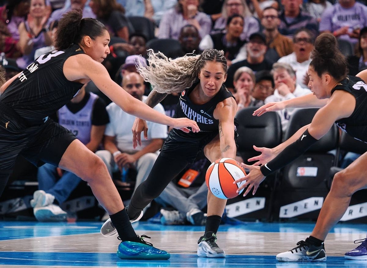 Aug 2, 2026; San Francisco, California, USA; Golden State Valkyries forward Janelle Salaun (13),  forward Gabby Williams (1) and guard Veronica Burton (22) reach for the loose ball during the second quarter Toronto Tempo at Chase Center. Mandatory Credit: Kelley L Cox-Imagn Images
