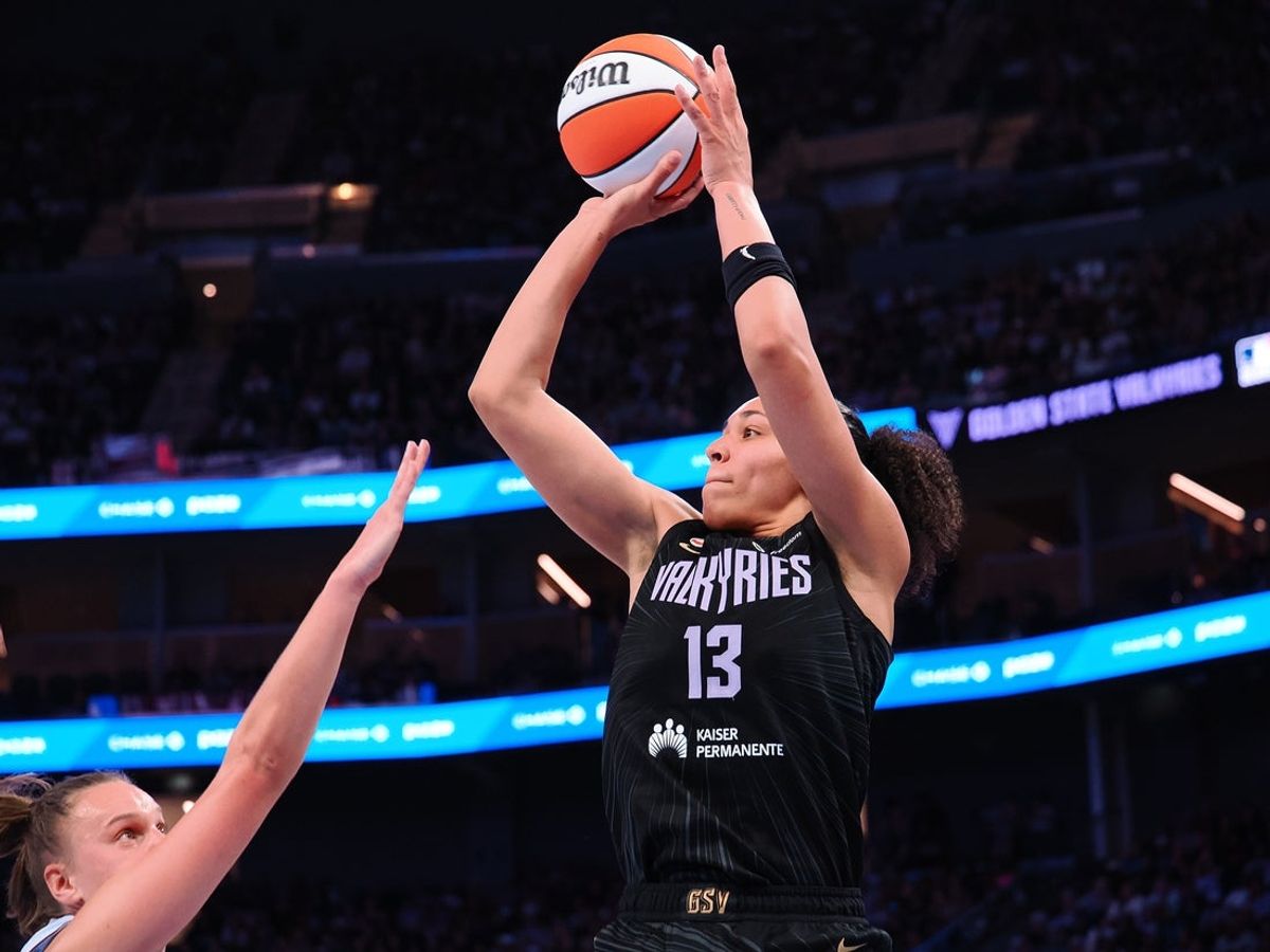 Aug 2, 2026; San Francisco, California, USA;  Golden State Valkyries forward Janelle Salaun (13) shoots the ball against the Toronto Tempo during the third quarter at Chase Center. Mandatory Credit: Kelley L Cox-Imagn Images