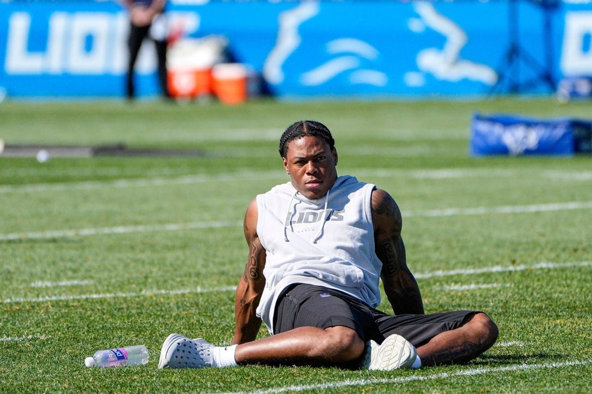 Detroit Lions running back Jahmyr Gibbs (0) on field after practice during training camp at Meijer Performance Center in Allen Park on Monday, August 3, 2026.