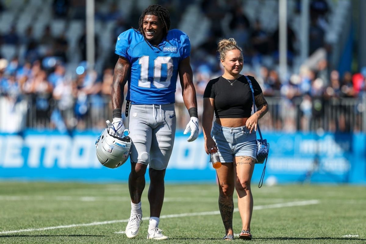 Aug 3, 2026; Allen Park, MI, USA;  Detroit Lions running back Isiah Pacheco (10) walks off the field following Detroit Lions training camp. Mandatory Credit: Paul Barnick-Imagn Images