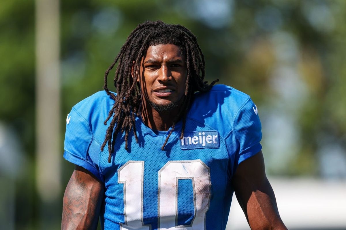 Aug 3, 2026; Allen Park, MI, USA;  Detroit Lions running back Isiah Pacheco (10) walks off the field following Detroit Lions training camp. Mandatory Credit: Paul Barnick-Imagn Images