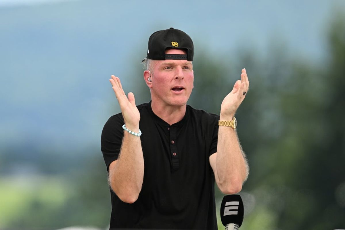 Aug 03, 2026; Latrobe, PA, USA;  Pat McAfee records a segment of The Pat McAfee Show at Pittsburgh Steelers Training camp at Saint Vincent College. Mandatory Credit: Barry Reeger-Imagn Images