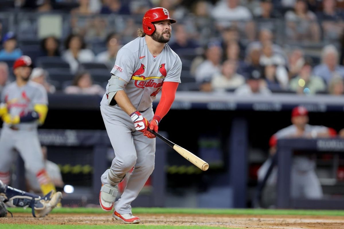 Aug 3, 2026; Bronx, New York, USA; St. Louis Cardinals first baseman Alec Burleson (41) watches his two run home run, his second two run home run of the game against the New York Yankees during the fourth inning at Yankee Stadium. Mandatory Credit: Brad Penner-Imagn Images