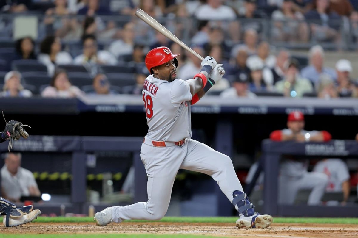 Aug 3, 2026; Bronx, New York, USA; St. Louis Cardinals right fielder Jordan Walker (18) follows through on a single against the New York Yankees during the fourth inning at Yankee Stadium. Mandatory Credit: Brad Penner-Imagn Images