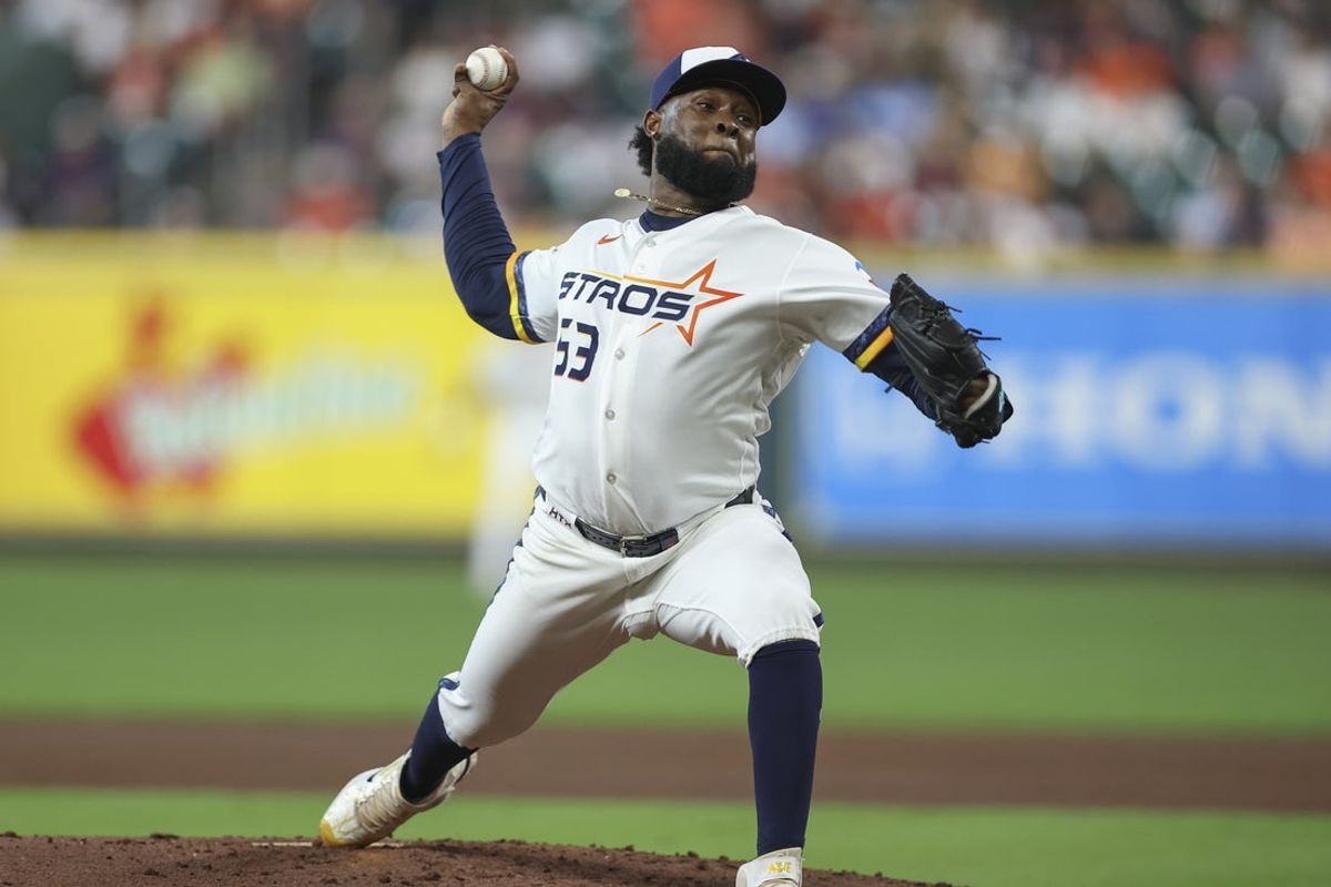 Aug 3, 2026; Houston, Texas, USA; Houston Astros starting pitcher Cristian Javier (53) delivers a pitch during the second inning against the Toronto Blue Jays at Daikin Park. Mandatory Credit: Troy Taormina-Imagn Images