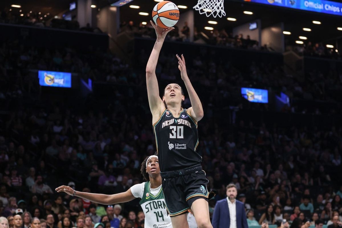 Aug 3, 2026; Brooklyn, New York, USA;  New York Liberty forward Breanna Stewart (30) drives to the basket in the second quarter against the Seattle Storm at Barclays Center. Mandatory Credit: Wendell Cruz-Imagn Images